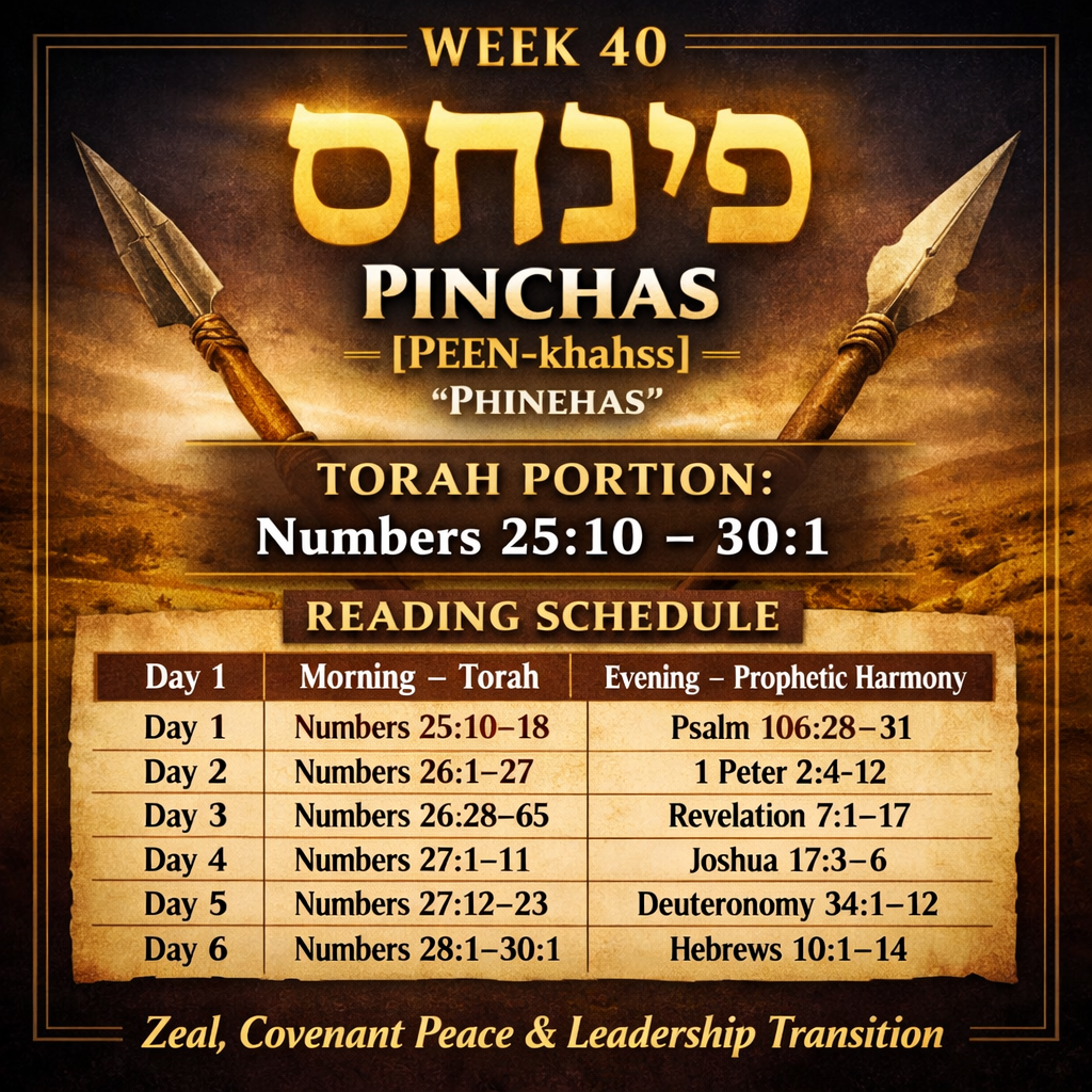 WEEK 40 — פִּנְחָס (Pinchas) [PEEN-khahss] — “Phinehas” Torah Portion: Numbers 25:10 – 30:1